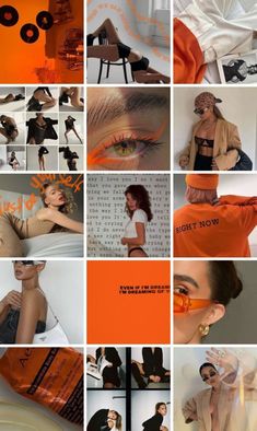 the collage shows many different images of women in orange and black clothing, with an orange background