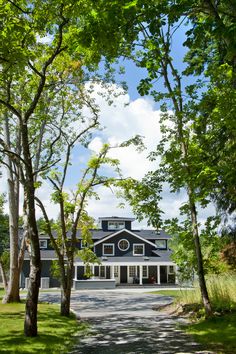 the house is surrounded by trees and grass