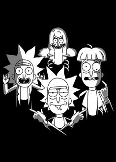 five cartoon characters in black and white with one pointing at the camera, while another looks on