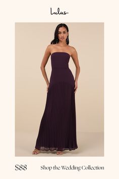 a woman in a long purple dress with the words shop the wedding collection on it