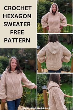 Montage of 4 photos showing a woman wearing a sweater, the front, back, side, and with the hood up crocheted from a crochet hexagon sweater pattern free Crochet Hexagon Sweater, Hexagon Sweater, 4mm Crochet Hook, Crochet Vest Pattern