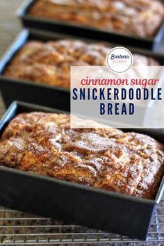 cinnamon sugar snickkerdoodle bread in baking pans on a cooling rack