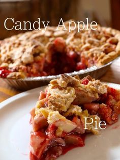 a piece of pie on a plate with the words candy apple pie in front of it