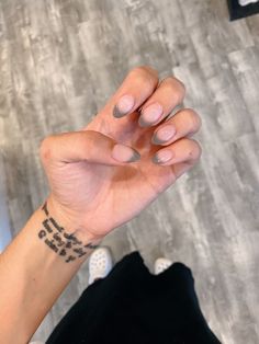 Grey Almond French Tip Nails, French Tip Nails Gray, Grey Nail Tip Designs, Almond Nail French Tip Color, Gray French Tip Nails Almond, Charcoal Grey French Tip Nails, Grey Almond Shaped Nails, French Tip Grey Nails, Grey Tipped Nails