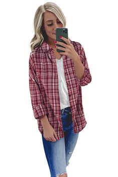 Red Relaxed Fit Plaid Button Shirt Burgundy Button-up Top For Fall, Fall Burgundy Button-up Tops, Red Button-up Shirt For Fall, Red Shirt With Button Closure For Fall, Red Button Closure Shirt For Fall, Burgundy Button-up Shirt With Button Closure, Casual Red Button-up Blouse, Casual Red Button-up Top, Casual Burgundy Collared Top