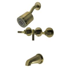 the shower faucet is shown in brass