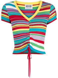 multicolour knitted construction ribbed knit brushed effect horizontal stripe pattern V-neck short sleeves curved hem Y2k Colors, 2000s Striped Shirt, Luxury Designer Striped Tops, Y2k Striped Cotton Tops, Retro Fashion Outfits, Moschino Tshirt, Moschino Crop Top, Moschino Jeans, Layered T Shirt