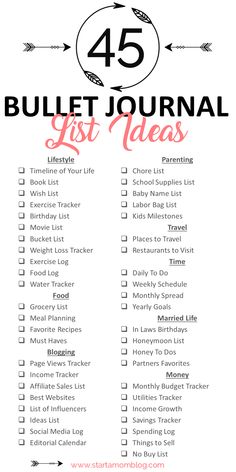 Ideas layouts Bullet Journal List Ideas BuJo Ideas #bulletjournal #bulletjournaling #bujo #bujoinspire Bullet Journal List Ideas, Journal List, Start A Mom Blog, Journal Guide, Bujo Planner, Penanda Buku, Creating A Bullet Journal