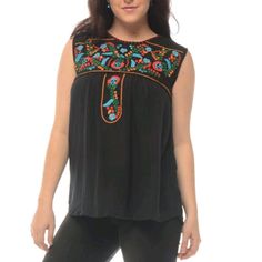 Feeling Breezy In The Summer With This Black Embroidered Top! Floral Embroidery Decorates This Woven Top With Neckline Atop A Sleeveless. Spring Festival Embroidered Sleeveless Top, Sleeveless Embroidered Top For Spring Festival, Summer Black Tops With Geometric Embroidery, Bohemian Sleeveless Top With Geometric Embroidery, Black Tops With Geometric Embroidery For Summer, Sleeveless Embroidered Top With Geometric Design For Spring, Sleeveless Embroidered Top For Festival, Multicolor Sleeveless Embroidered Top For Spring, Bohemian Sleeveless Top With Floral Embroidery