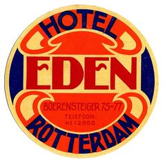 an orange and blue label with the word eden written in red on it's side