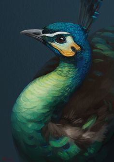 a painting of a blue and green bird with feathers on its head, sitting in front of a dark background