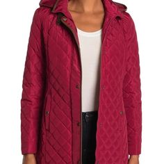 A Warm Quilted Jacket Features A Removable Hood, Combo Snap-Zip Front Closure, And Long Silhouette To Keep You Covered, Faux Leather Trim. Detachable Hood. Long Sleeves. Front Zip Closure With Snap Placket. Quilted Construction. Faux Leather Trim. Dual Snap Welt Pockets. Lined . Approx. 36" Length. 100% Polyester. Fall Quilted Jacket With Double-lined Hood, Casual Quilted Jacket With Double-lined Hood, Quilted Jacket With Double-lined Hood For Fall, Red Double-lined Hooded Outerwear For Fall, Red Spring Outerwear With Adjustable Hood, Red Outerwear With Adjustable Hood For Spring, Rain Trench Coat, Ralph Lauren Blazer, Work Blazer