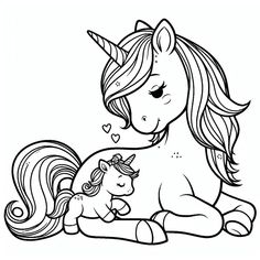 a black and white drawing of a unicorn with a baby