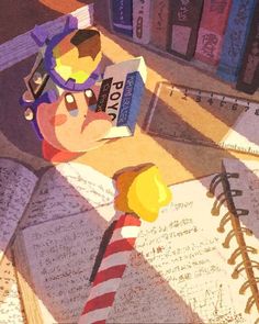 an illustration of a boy reading a book in front of bookshelves and pencils