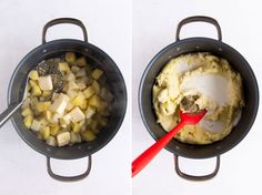 two pictures side by side showing potatoes being cooked and mashed in a saucepan