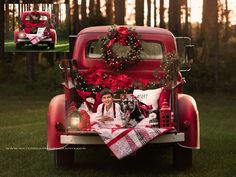 an old red truck decorated for christmas with wreaths and decorations on the bed is shown