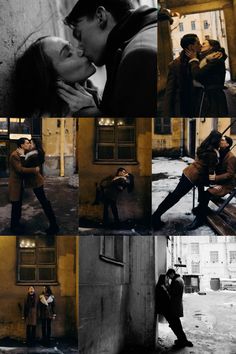 two people are kissing in front of a building and another person is leaning against the wall