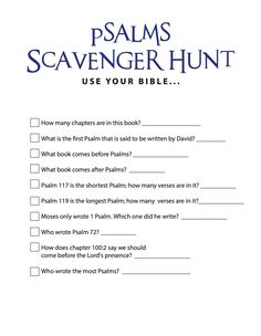 FREE Psalms Bible Scavenger Hunt - Children's Ministry Deals Bible Scavenger Hunt, Bible Games For Kids, Samuel Bible, Bible Study Activities, Isaiah Bible, Childrens Ministry Curriculum, Bible Worksheets, Book Of Isaiah, Bible Quiz