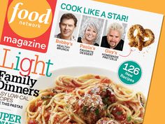 the cover of food network magazine with spaghetti and meatballs on it's cover