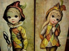 two paintings of children dressed in clothes and hats