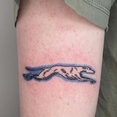 a person with a tattoo on their arm that has a dog running in the water