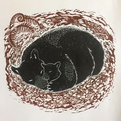 a drawing of a bear and its cub in a nest