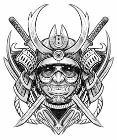 a black and white drawing of a skull with two swords