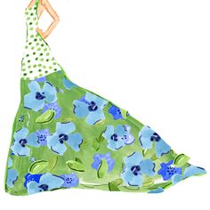 a drawing of a woman in a green dress with blue flowers