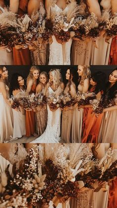 a group of women standing next to each other wearing dresses and holding flower bouquets