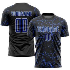 a black shirt with blue paint splatters on it and the words team name 00