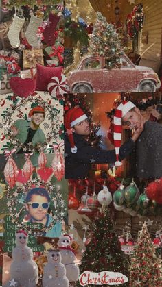 a collage of christmas pictures with two men