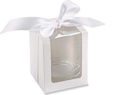 a small white box with a bow on the top and ribbon around the lid for wine glasses