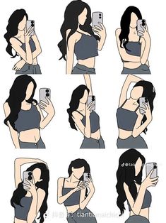 a woman taking a selfie with her cell phone in different positions and showing how to take pictures