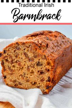 a loaf of traditional irish banana bread on a wooden cutting board with text overlay