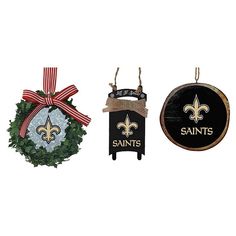 new orleans saints christmas ornament and door hanger set with holiday wreath, football sign