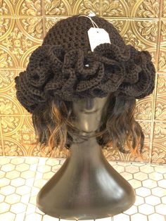 Stylish, handcrafted crochet ruffle black hat.  One-size Fits All! Ruffle Hat, Crochet Ruffle, Knitting Ideas, Black Hat, One Size Fits All, Caps Hats, Accessories Hats, Beauty Book, Winter Hats