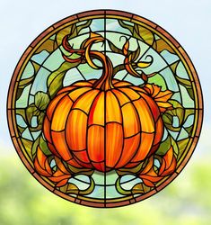 a stained glass window with a pumpkin on it