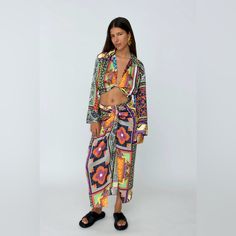 Zara Printed Vacation Set Can Be Work Together Or Apart Sold Out - Never Worn Multicolor Silk Summer Sets, Multicolor Silk Sets For Summer, Vacation Sets In Silk For Spring, Spring Vacation Silk Sets, Summer Beach Silk Set, Printed Orange Beach Sets, Zara Multicolor Summer Sets, Vibrant Multicolor Spring Sets, Multicolor Vibrant Print Beach Sets