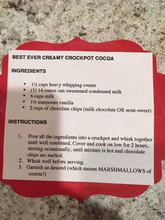 a piece of paper with instructions on how to make crockpot cocoa in it