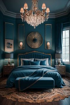 a bedroom with teal walls, blue bedding and chandelier hanging from the ceiling