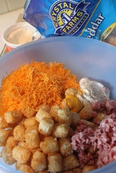 a bowl with tater tots, cheese and other foods in it next to a bag of potato chips