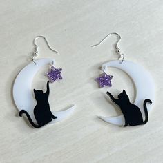 Playful Black Cat Earrings - Moon And Stars Black Cat Earrings, Earrings Moon, Moon Ring, Alt Fashion, Pretty Stuff, Moon And Stars, Cat Earrings, Halloween Home Decor, Halloween House