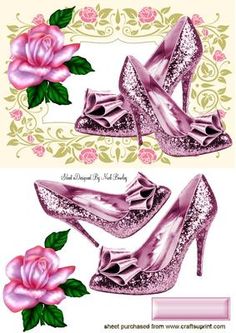 PINK SPARKLE SHOES WITH PINK ROSE on Craftsuprint - Add To Basket! Barbie Shop, Rose Shoes, Sparkle Shoes, Shoe Design Sketches, Image 3d, Woman Card