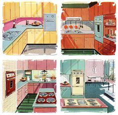 four pictures of different kitchen appliances in various stages of being painted orange, pink and blue