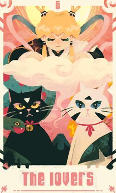 a poster with two cats and a woman in the clouds above her is an angel