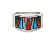 This band ring is handcrafted with Sterling Silver and beautifully inlaid with bright , dazzling, Fire Lab Opal and Onyx. As is seen in this work of art, the artist's talent is evident! It is a favorite due to the expertly clean cut geometric work, followed by the angular shape of the ring. This is that signature accessory that will compliment your wardrobe. We are proud to offer the David Rosales Collection of fine Native American Indian Jewelry. He has built a reputation for the finest inlaid American Indian Jewelry, The David, Clean Cut, Native American Indians, American Indian, Fire Opal, Indian Jewelry, Band Ring, Band Rings