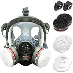 a gas mask with two filters and four other parts