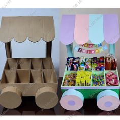 a cardboard cart with candy in it next to an image of a birthday cake cart