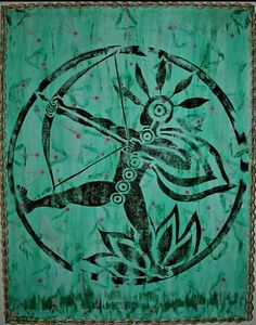 an artistic painting on wood depicting a deer with arrows in it's mouth and leaves around its neck