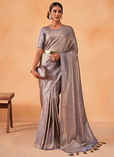 Light Purple Brocade Detailed Kanjivaram Silk Saree Saree For Engagement, Indian Dresses Online, Buy Designer Sarees Online, Designer Anarkali Suits, Grey Saree, Kanjivaram Saree, Latest Indian Saree, Kanjivaram Silk Saree, Designer Anarkali